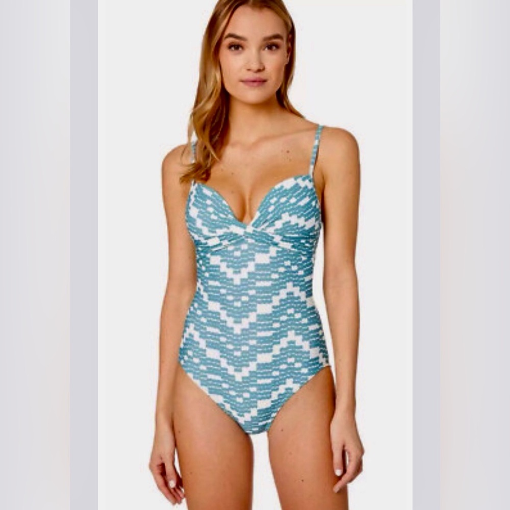 Kate‎ Spade Harbor Fog Swimsuit One Piece Green Twist Geometric White Grey Blue